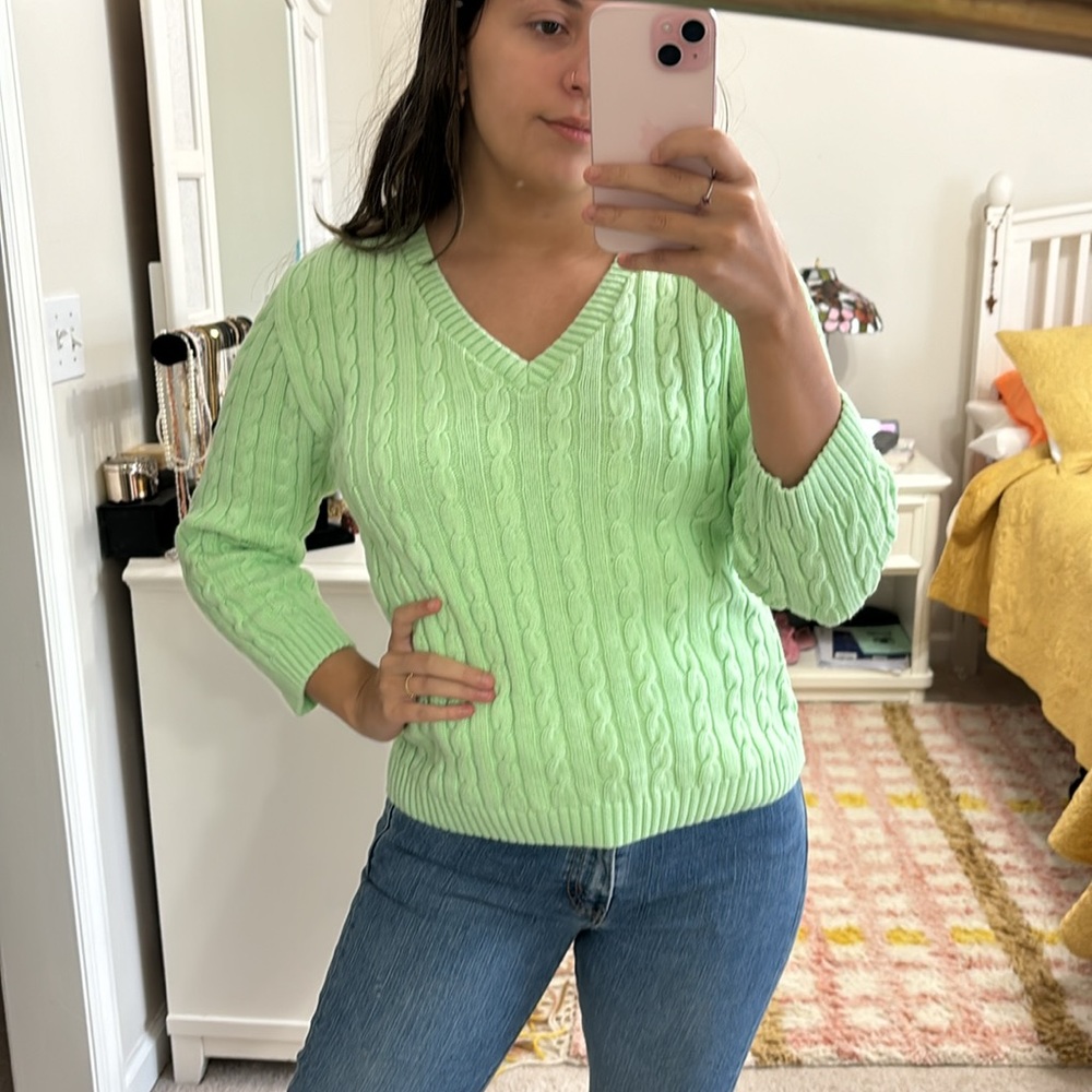 Vintage Cable Knit Sweater M Green Vneck 100% Cotton 3/4 Sleeve 90’s USA Bamboo
